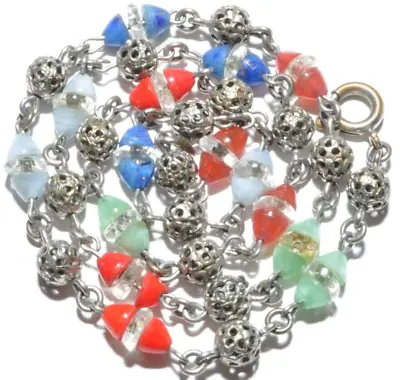 Buy Lovely Vintage Art Deco Filigree Multicolour Satin Glass Geometric Bead Necklace • 9.99£