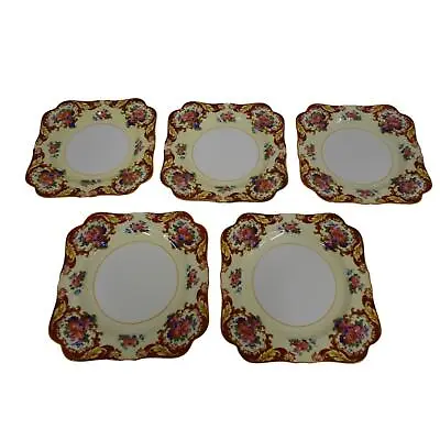 Buy Five (5) 8 3/8  Ceramic Crown Ducal Ware Red Pink Floral Square Luncheon Plates • 18.88£