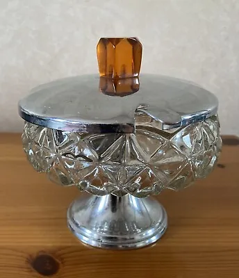 Buy Crystal Cut Glass Bowl With Metal Lid On Metal Pedestal With Spoon - Vintage • 10.50£