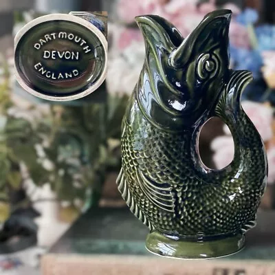 Buy Vintage Gluggle Jug Dartmouth Devon Pottery Green Fish Vase VGC 9” ORIGINAL • 26.99£