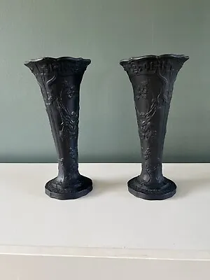 Buy A Pair Of Early  Wedgwood Black Basalt Trumpet Vase - Relief Floral Decoration • 100£