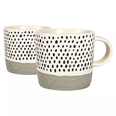 Buy 2x Dipped Dotty Stoneware Coffee Mugs Large Rustic Tea Cups Set 385ml Grey • 10£