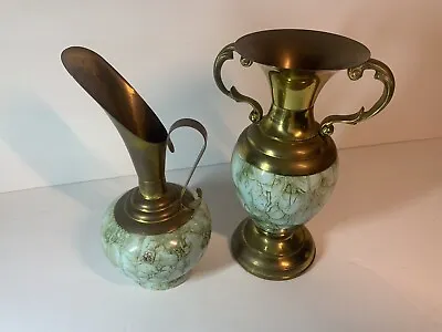Buy Vintage Holland Delft Brass & Delft Blue Green Pitcher Vase Set Made In Holland • 36.04£