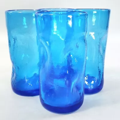 Buy 4 Blenko 6  Tumblers Turquoise Blue Dimpled Pinched Crackle Art Glass Cups 16 Oz • 84.87£