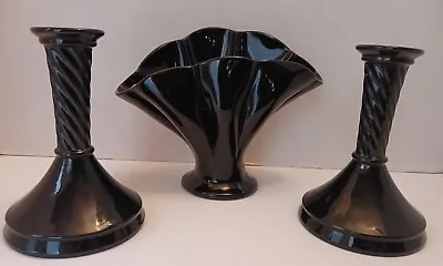 Buy Vtg Indiana Glass Twisted Black Amethyst Glass Candlesticks 6  & ?Fenton? Vase  • 27.47£