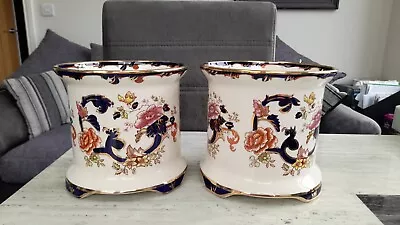 Buy Pair Of Masons Ironstone Blue Mandalay Hand Painted Large Footed Planters • 45£