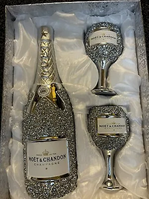 Buy Silver Crushed Diamond Sparkling Shelf Sitter Champagne Bottle Ornament Gift Set • 21.99£