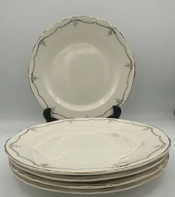 Buy CROWN POTTERIES CO. 10” DINNER PLATE GOLD TRIM MADE IN U.S.A. # 353 SET Of 5 • 37.85£