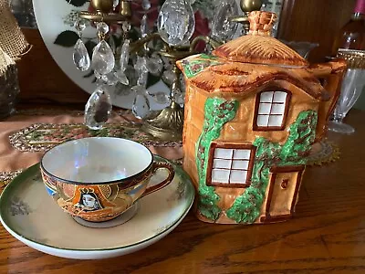 Buy Vintage Hanley Cottage Teapot-england/unmarked Oriental Tea  Cup With Saucer • 16.36£