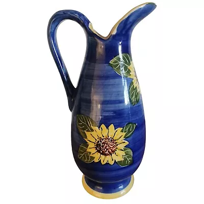 Buy Vintage Hand Painted Sunflower  Pitcher Jug / Glossy Blue & Yellow Pottery  • 19.99£