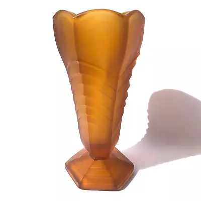 Buy Vintage Davidson Amber Frosted Glass Vase Chevron 295 Pressed Art Deco 1930s • 20£