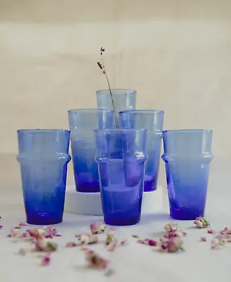 Buy Set Of 6 Hand-Blown Rounded Beldi Tea Glasses - Moroccan Tea Glasses Set In Blue • 28£