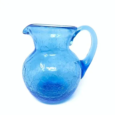 Buy Blenko Crackle Glass Pitcher Cobalt Blue Hand Blown Applied Handle Vintage 4.5” • 25.56£