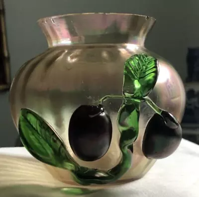 Buy Kralik Art Nouveau Blown Art Glass Vase Iridescent W/ Applied Plums Fruit • 50.93£