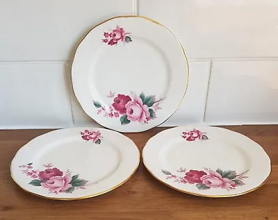 Buy 3 X Queen Anne Bone China Side  Plates Red & Pink Rose Pattern F 77 8 • 5.99£
