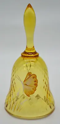 Buy Fenton Signed Handpainted Butterfly Yellow Amber Gold Glass Diamond Optic Bell • 11.57£