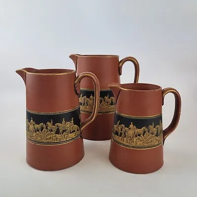 Buy Antique Set Of 3 Graduated Prattware Jugs Decorated With Fox Hunting Scenes • 95£