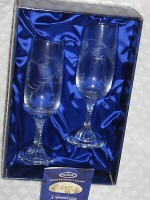 Buy (2) Duiske Glassware Flutes Irish Handcut Glass Vine Design + Box • 14.10£