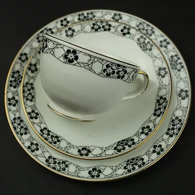 Buy EB Foley China Trio Cup Saucer & Side Plate Patt.180 Black Floral Vintage 1916+ • 11.99£