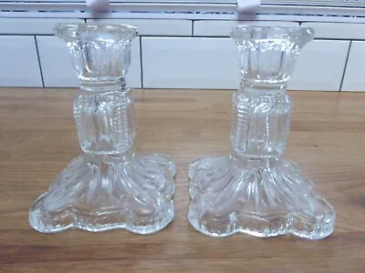 Buy Pair Of Vintage Glass Candlestick Holders With Scalloped Square Base • 25£