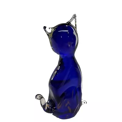 Buy Vintage Art Glass Cobalt Blue And Clear Cat Figurine Gold Copper Swirl Inside • 42.37£