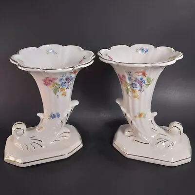 Buy 2 Vintage Porcelain Cornucopia Horn Vases Floral Pedestal  Book End  Vase Set • 28.92£