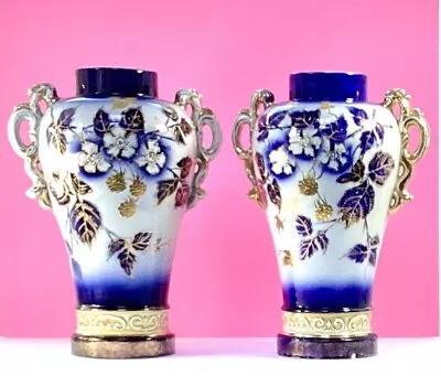 Buy VICTORIAN PAIR OF  BLUE & GOLD JWB NANKIN VASES STAMPED No 3 MADE IN ENGLAND • 65£