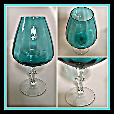 Buy Large Vintage Blue Teal Ribbed Brandy Balloon Glass Vase On Clear Knop Stem 23cm • 14.99£