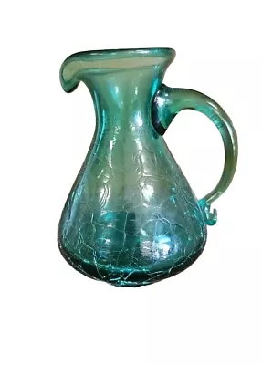 Buy Mid Century Vintage Hand Blown Teal Crackle Glass Mini Pitcher Vase 5  • 11.53£