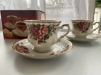 Buy Vintage Fine China English Garden Red Roses Cup And Saucers Set  • 12£