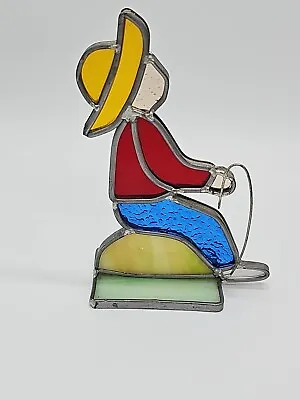 Buy Vintage Leaded Stained Glass Red Blue Yellow Boy Fishing Suncatcher • 11.50£