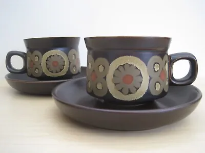 Buy 2 X 1960s Vintage MCM Denby Pottery Stoneware Arabesque Tea Cups & Saucers (A) • 12£
