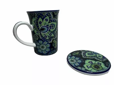 Buy Vera Bradley Blue Rhapsody Mug Cup W/ Lid Coaster Green Blue Paisley Flowers • 7.69£