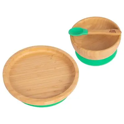 Buy 3pc Tiny Dining Green Round Bamboo Baby Feeding Set Kids Plate Bowl Spoon • 19£