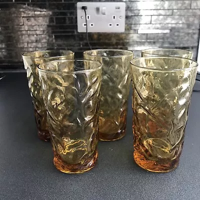 Buy Groovy Vintage Retro Amber Yellow Glass Set Of Five 1970s Drink Glasses 5  Bar • 16£