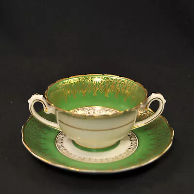 Buy Higgins & Seiter Cream Soup Bouillon Cup & Saucer Green W/Gold Austria 1887-1915 • 60.65£