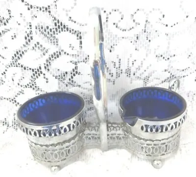 Buy VINTAGE ENGLISH COBALT BLUE GLASS SUGAR & MILK JUG  CHROME METAL STAND 1950s  • 7£