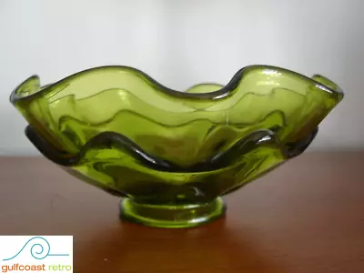 Buy Vintage Green Viking Glass Epic Line Crimped Double Ruffle Bowl Mid Century • 16.32£