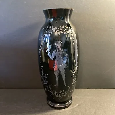 Buy VTG Black Bohemian Czech Glass Silver Overlay? 13” Decorated Vase Preowned • 46.47£