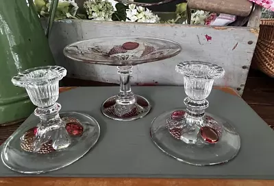 Buy Vtg Della Robbia Westmoreland Depression Glass Fruit Compote- Pair Candlesticks • 18.97£