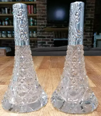 Buy Two Antique Silver Topped Cut Glass Scent Bottles 17cm High Vases No Stoppers • 68£