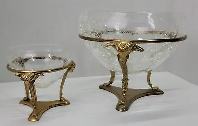 Buy 2 VTG Antique Ornate Brass Pedestal Stand Rams Head Crackle Glass Bowl Vase Set • 76.83£
