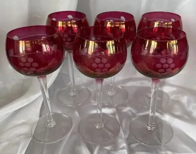Buy Set Of 6 Bohemian Style Wine Stems Cranberry Glass Etched To Clear Grape • 23.71£