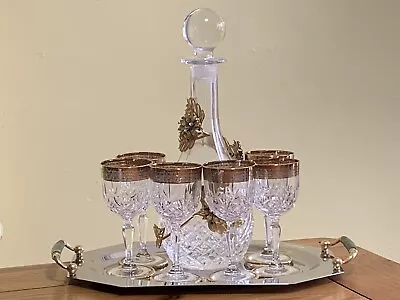 Buy Royal Crystal Rock Fan Cut Gold Band Trim Opera Wine Glasses & Decanter On Tray • 250£