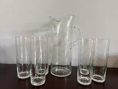 Buy Retro Water Jug And 6 Matching Glasses. Unusual Shape Jug. Etched Design. • 20£