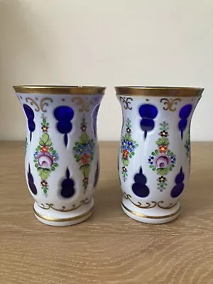 Buy A Pair Of Bohemian Czech Art Milk Glass Cut To Blue Bud Vases (slight Chip) • 55£
