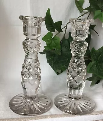 Buy Vintage  Heavy Clear Pressed Glass Candlesticks With Round Star Base • 18.99£