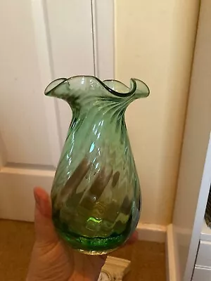 Buy Elegant Vintage Green Dartington Glass Vase Fluted Effect With Ruffled Rim.  • 14.99£