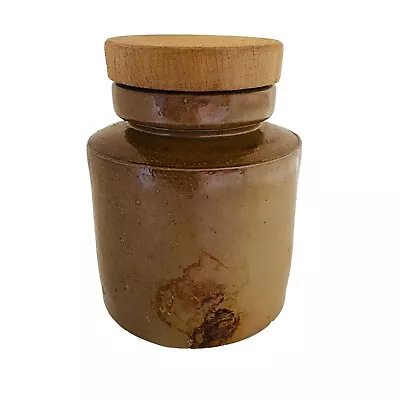 Buy Old Vintage Stoneware Storage Jar Utensil Pot Artist Brush Holder Wooden Lid • 14.99£