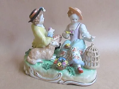 Buy DRESDEN PORCELAIN FIGURE OF A BOY & GIRL WITH FLOWERS AND BIRDS (Ref8790) • 110£